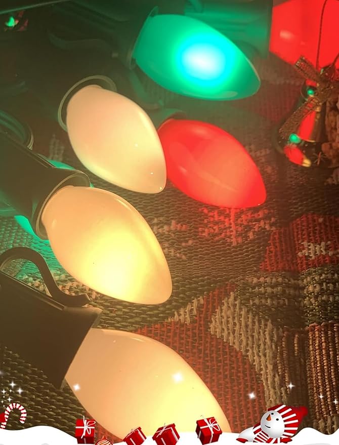 C7 LED Christmas Lights Outdoor - 25ft Red White and Green String Lights With 27 Ceramic Bulbs(2 Spare) Waterproof Commercial Grade Extendable for Indoor Outdoor Roofline Patio Yard Xmas Decor