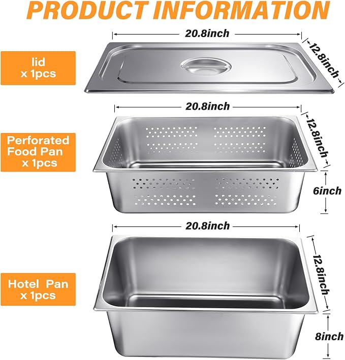 Ferraycle 3 Pack Full Size 6 Inch 8 Inch Hotel Pan with Lid Perforated Steam Table Pan Restaurant Supplies for Kitchen Steam Table Tray for Food Warmer