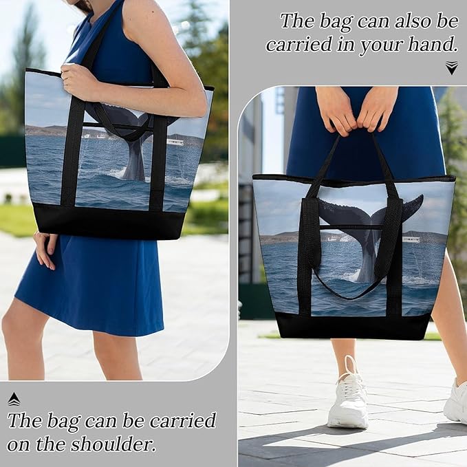 Insulated Shopping BagLarge Reusable Cooler Bags Whale Tail Printed Foldable Shopping BagTravel Waterproof Shoulder Bag