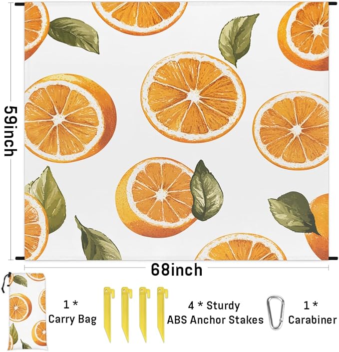 Waterproof Sandproof Beach Blanket 59''×68'' Navel Orange Polyester Outdoor Picnic Blanket with 4 Stakes &amp Storage Bag for BeachCampingVacation White