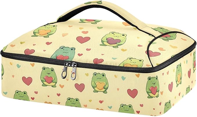 Casserole Carrier Green Frog Holding Colorful HeartsInsulated Casserole Carrier for Hot or Cold Food Thermal Lunch Tote for Potluck Parties Picnic Beach Fits 9 x 13 Inches Baking Dish