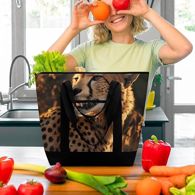 Insulated Shopping BagLarge Reusable Cooler Bags Cheetah Printed Foldable Shopping BagTravel Waterproof Shoulder Bag