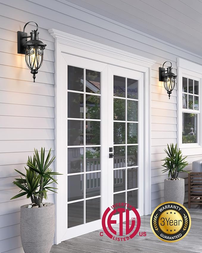 VIANIS Motion Sensor Outdoor Lights Black Motion Lights for Outside Dusk to Dawn Outdoor Light Fixtures with Seed Glass 100% Aluminum Exterior Lighting Fixtures with House Garage Porch Doorway