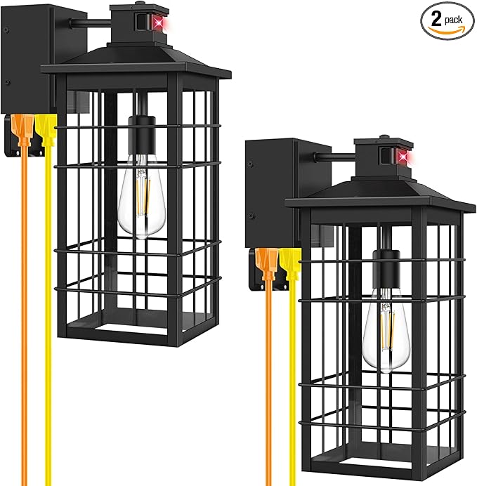 18inch Large Motion Sensor Porch Lights with GFCI Outlets Dusk to Dawn Black Outdoor Wall Light Fixtures 3 Modes Exterior Lighting Fixture Waterproof Outside Wall Lantern Sconce for House 2-Pack