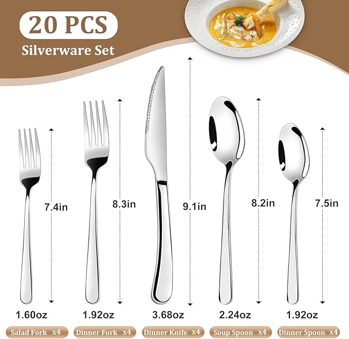 TAN REN Silverware Set for 4 20-Piece Stainless Steel Flatware Sets Heavy Duty Forks and Spoons Silverware Set with Dinner Knives Mirror Polished Cutlery Sets Dishwasher Safe Kitchen Utensils