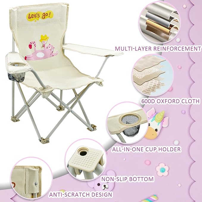 2 Pack Kids Camping Chair - Kids Beach Chair with Umbrella - Foldable Storage Cup Holder Durable wear-Resistant Non-Slip Lightweight Design for Beach Patio Outdoors Lawn (Pink+Blue)