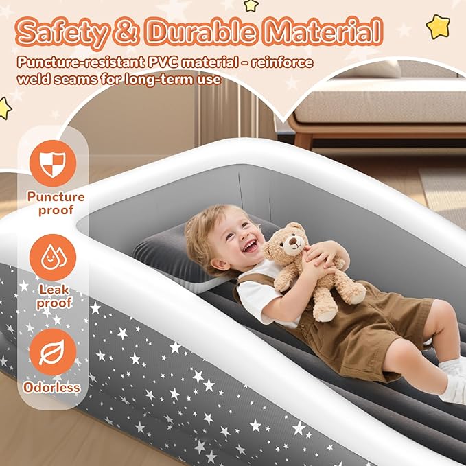Inflatable Toddler Travel Bed - Grey Soft Toddler air Mattress with Bumpers for Easy to Inflate &amp Deflate - Portable Blow up Toddler Bed Travel with Sides for Trip Sleeping