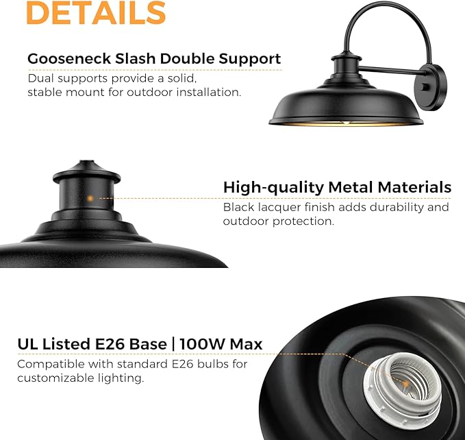 Large Farmhouse Exterior Barn Light 14 inch Black Industrial Gooseneck Outdoor Wall Mount Lighting Fixture with E26 Socket Waterproof Exterior Light Fixture for House Yard Doorway 2-Pack