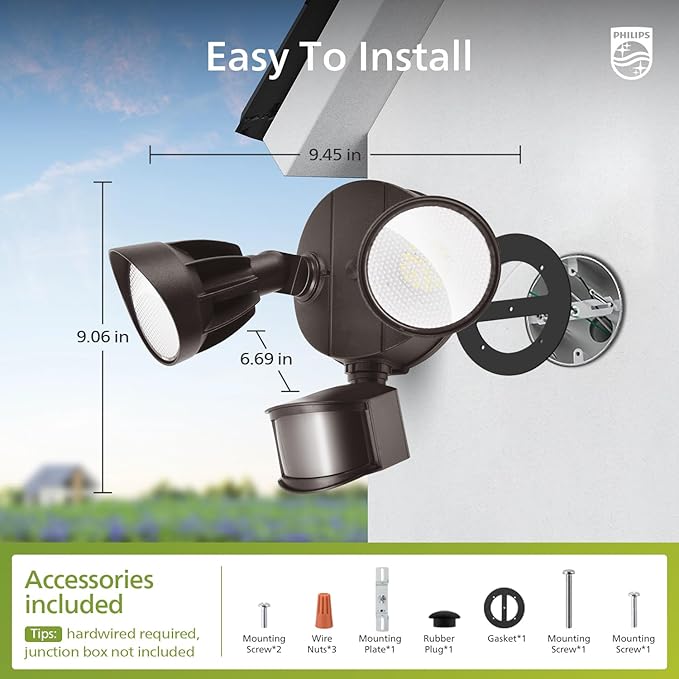 Philips 44W 4200 lm LED Security Light Outdoor w/PIR Motion Sensor 5000K Daylight Flood Light Waterproof Dusk to Dawn 2 Heads 4 Modes