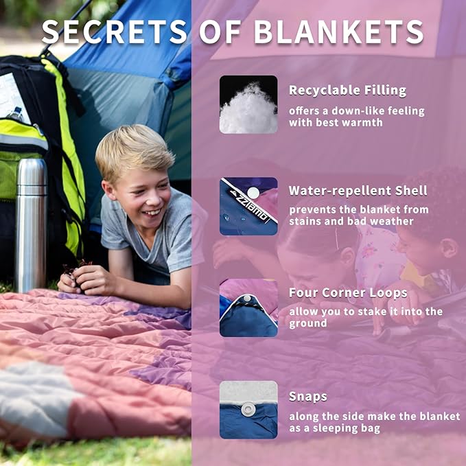 zzlamb Camping Blanket for Cold WeatherOutdoor Puffy Blanket Portable Down AlternativeWindproof Warm Cloak with SnapsCozy Quilt Backpacking Picnic RV Travel Plane Car Hammock Beach Climbing
