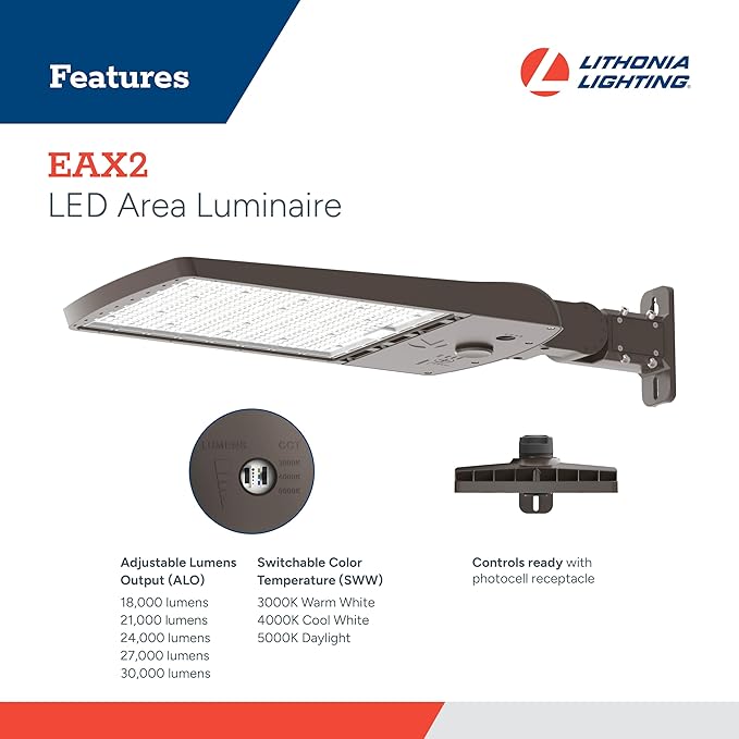 Lithonia Lighting LED Outdoor Area Light Fixture LED Parking Lot Light with Adjustable Brightness 3-in-1 Selectable White Color 4-in-1 Switchable Distribution UVOLT Wall or Pole Mount Bronze