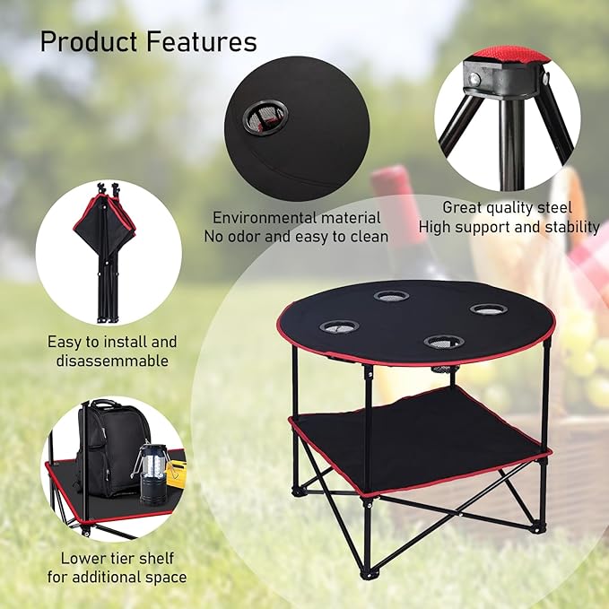 HiiPeak Camping Table Folding Picnic Table with 4 Cup Holders and Carrying Bag Portable Camp Table with Handle Design for BBQ Outdoor Fishing Beach Picnic Travel Camping Essentials Black Table