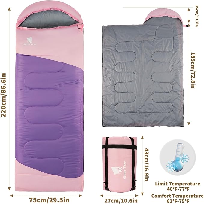 GEERTOP Backpacking Sleeping Bag for Camping Lightweight Sleeping Bags for Adults Kids Summer Warm Cold Weather Hiking Travel