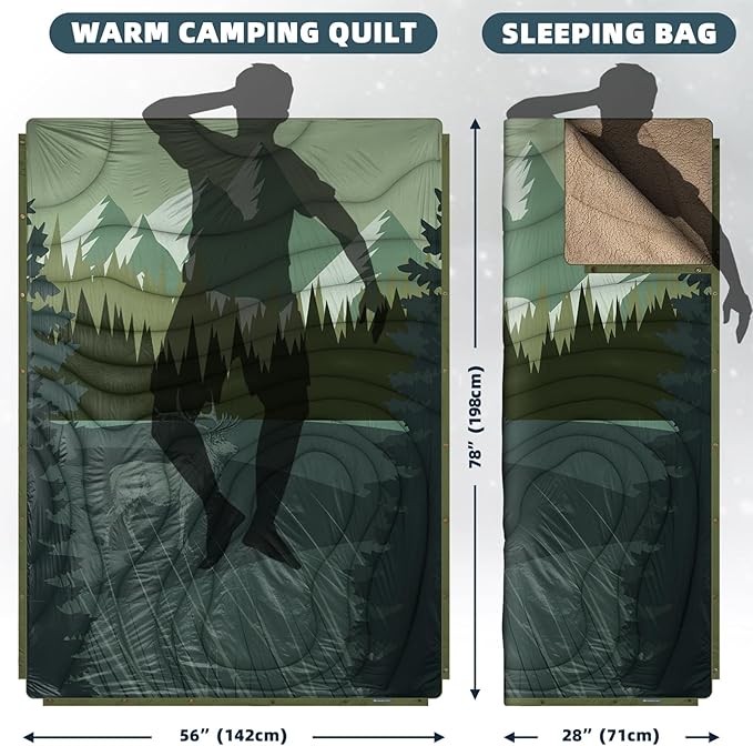 Outdoor Camping Blanket with Sherpa Lining Extra Warm Thick Camp Blankets and Puffy Ultralight Soft Poncho DWR Camping Quilt for Cold Weather Adventure Sleeping Backpacking 78x 56