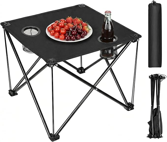 Foldable Camping Table Portable Beach Table Lightweight Picnic Table with Carry Bag Cup Holder Outdoor Travel Desk for Camping Hiking Picnics BBQs Beach Trips (Black)