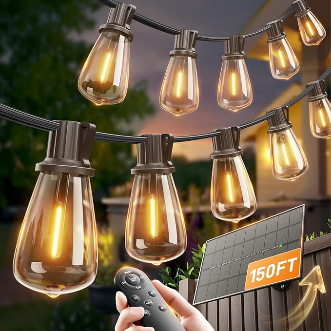 addlon 150FT(144+6) Solar String Lights Outdoor with Remote Long-Lasting Waterproof Patio Lights Dimmable &amp Timable Hanging Solar Light with 45 LED Bulbs for Outside Yard Garden Camping Gaze