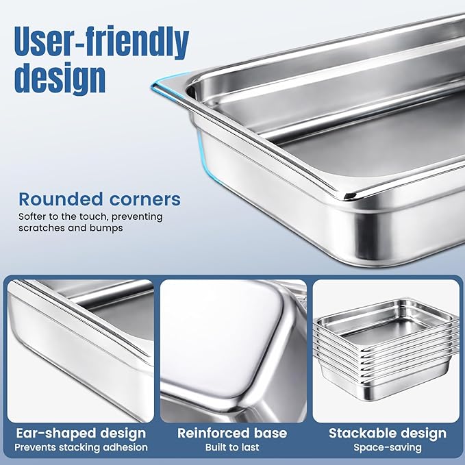 6 Pack 1/2 Size Steam Table Pan Set2.5 Deep Hotel Pans Half Size Anti Jam Stainless Steel Food Pan for RestaurantsCateringHotel BuffetHomeParty