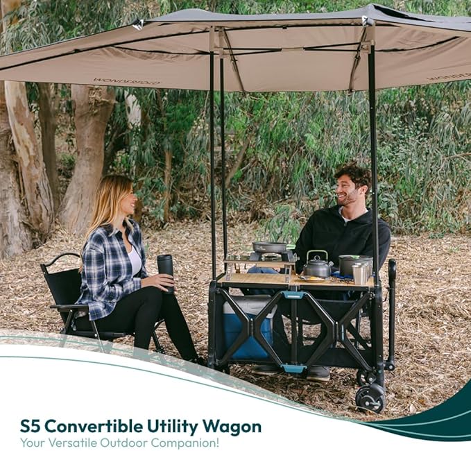 WONDERFOLD S5 Convertible Utility Wagon - Sturdy Compact Wagon with Wheels and Versatile Half-Capacity Option Table Attachment &amp Brakes Black