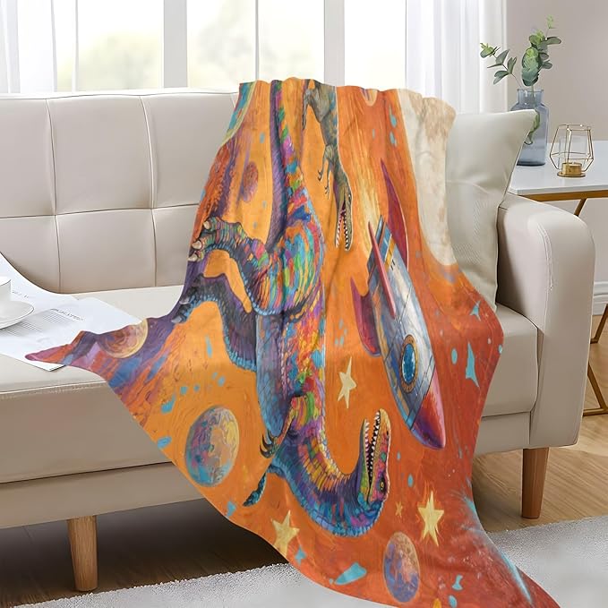 Throw Blanket For Sofa Cartoon Colorful Dinosaur ROCKETS Blankets For Adults 50x70