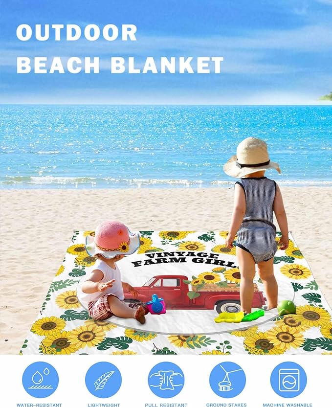 Beach Blanket Waterproof Sandproof OversizedFarm Yellow Sunflower Red Truck Beach Mat with Corner Stakes Sand PocketsSpring Green Leaves Outdoor Picnic Mat for Travel Camping Hiking118x108In