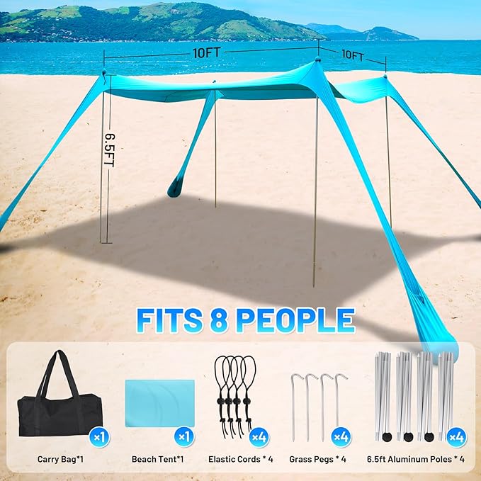 BOTINDO Family Beach Tent Canopy Sun Shade Pop Up Grande Beach Tent Sun Shelter Stability 4 Poles with Portable Carry Bag Outdoor Shade for Fishing Backyard Camping (Turquoise 10x10FT 4Pole)