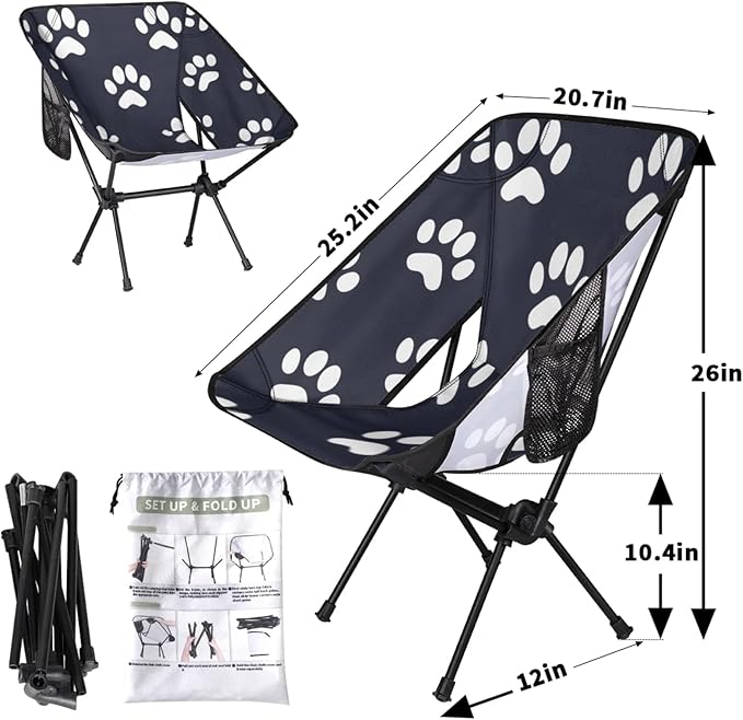 Honeybaby Folding Camping Chair Dog Paws Print Camping Chairs Lightweight Portable Chair Outdoor Foldable Chairs for Camping Travel Picnic Beach Hiking