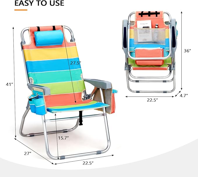 VINGLI Tall Beach Chair 2 Pack with 5-Position Cooler Bag Cup Holders Towel Bar Lightweight Folding Beach Camping Chairs for Adults(Rainbow-16)