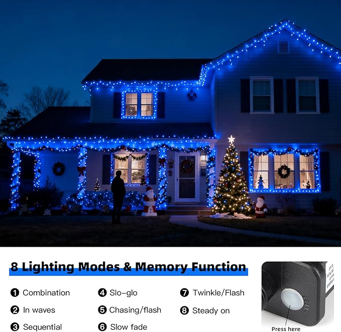 500 LED Blue Christmas Tree Light Plug inConnectable 170ft String Lights with 8Modes UL Certified Outdoor Indoor for Halloween Holiday Bedroom Party Decor