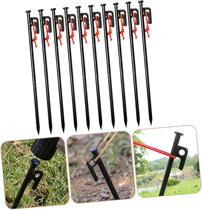 SUPVOX 10Pcs Heavy Duty Metal Tent Stakes Camping Ground Pegs with Storage Bag Durable Tarp Spikes for Secure Tent Fixing Easy Pull Out Design