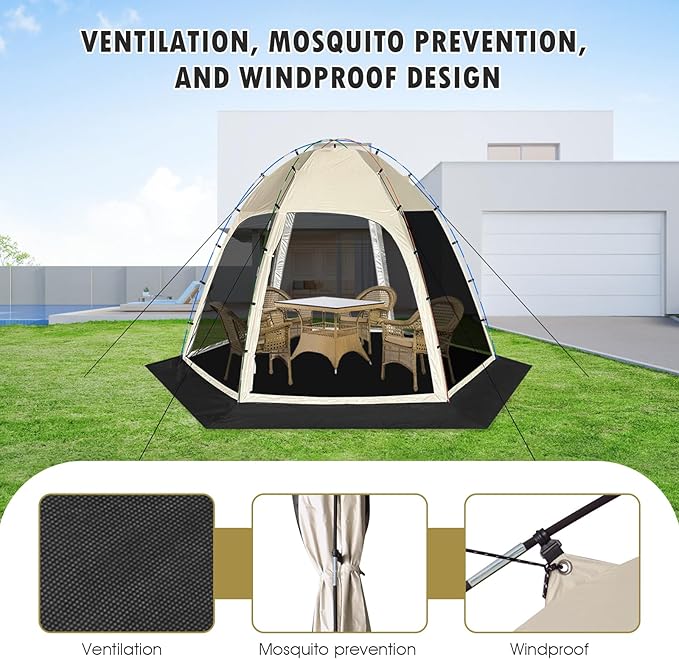 Screen Tent with Removable Floor Siebwin Large 11.8'x11.8' Gazebos with Mosquito Netting and Removable Floor Sunproof Outdoor Canopy Tent for Backyard Khaki Party Outside Activities Khaki