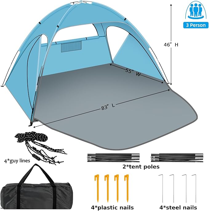 Beach Tent Sun Shelter Beach Shade Tent with UPF 50+ UV Protection for 2-3 Person Portable &amp Easy Setup Cabana Beach Tent 3 Roll Up Doors &amp 8mm Fiberglass Rods Carry Bag Included