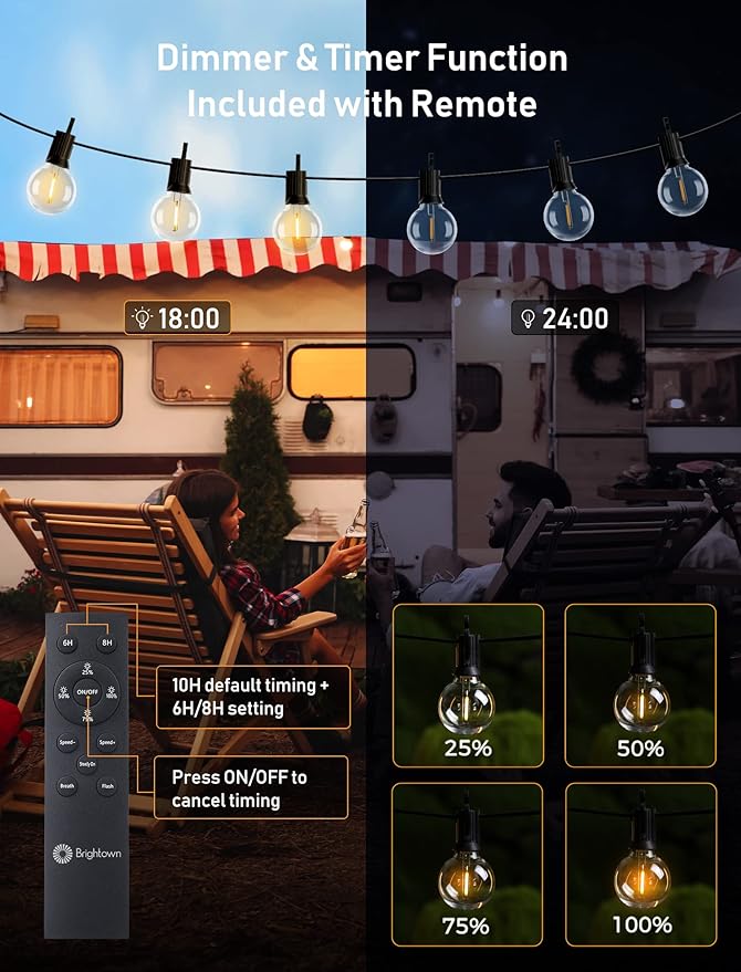 Brightown 58FT Solar String Lights Outdoor with Remote Cable Ties Hooks 26 LED Shatterproof Bulbs 3 Light Modes Dimmer &amp Timer Commercial Grade Patio Lights for Yard Balcony Pergola Party Deco