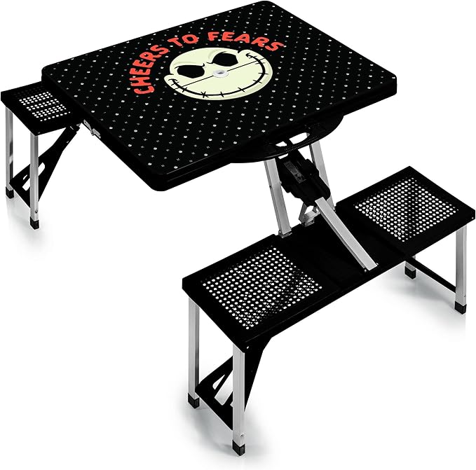PICNIC TIME Disney Minnie Mouse Folding Picnic Table with Seats Collapsible Aluminum Table and Bench Set with Umbrella Hole Lightweight Portable Table for Camping TravelTailgating Backyard (Red)