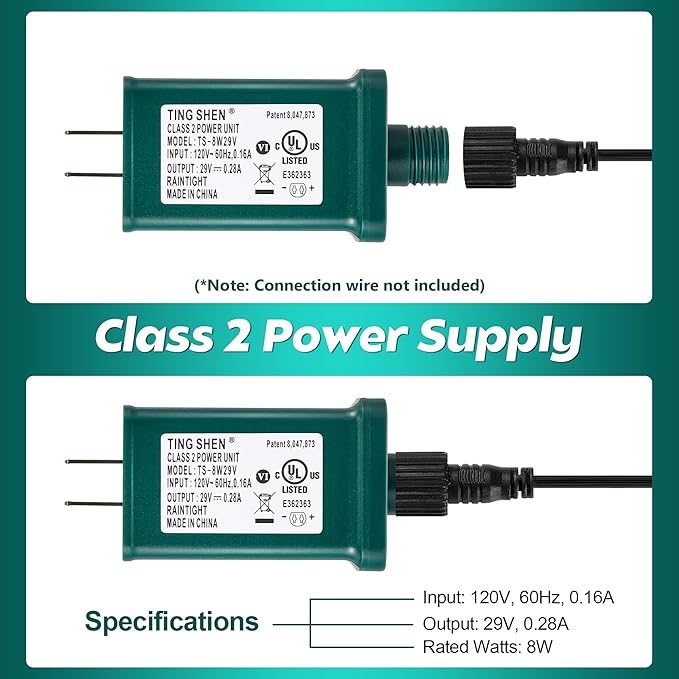 Enhon 29V LED Power Supply UL Certification LED Transformer Replacement Class 2 Power Supply Low Voltage Transformer US Plug Adapter for Christmas Tree Light Green Right Positive(TS-8W29V)