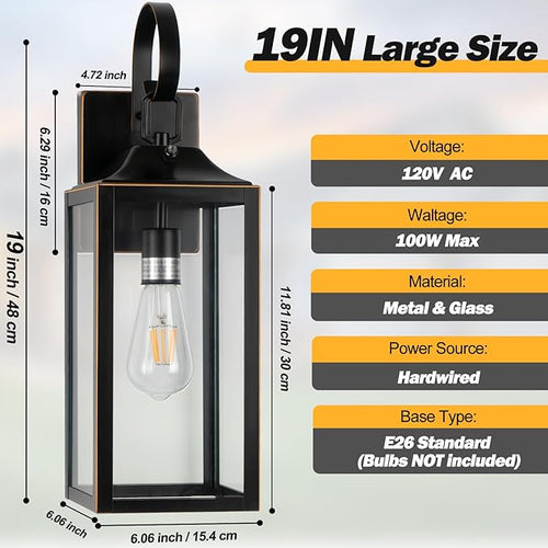 19 Dusk to Dawn Outdoor Lighting 2 Pack Large Dusk to Dawn Outdoor Wall Lights Black Sensor Porch Lights Outdoor Exterior Lighting Fixtures Wall Mount for House Garage -with Gold Trim