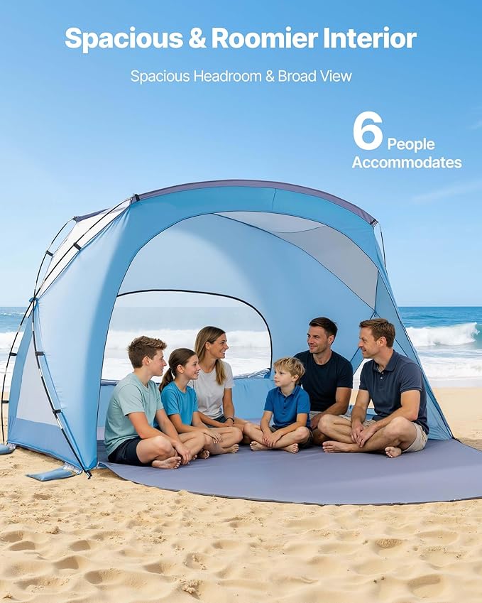 VEVOR Beach Tent Sun Shelter for 6 Person UPF 50+ Portable Sun Shade Beach with Carrying Bag &amp Sand Pockets Lightweight and Easy Setup Beach Umbrella for Family Camping Outdoor Picnic
