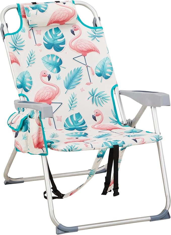 Folding Backpack Beach Chairs Portable 5-Position Aluminum High Beach Chairs for Adults with Storage Pouch Towel Bar (Flamingo)