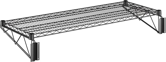 18 x 48 Wire Black Epoxy Wall Mount Shelf Commercial Fixed Wall Mount Rack NSF Metal Floating Shelving for Kitchen Stock Rooms Home and Hotel