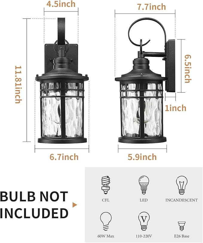 Darkaway Outdoor Wall Lights2pcs Exterior Lighting Fixtures Wall Mount Porch Lights Waterproof Outdoor Sconce with Water Ripple Glass for House Patio Hallway Garage