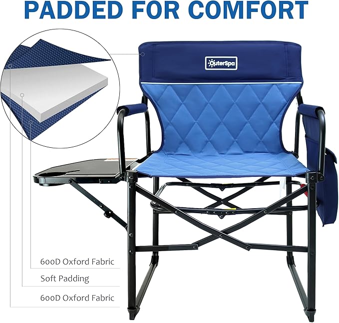 Camping Folding Chairs for Outside Foldable Camp Chairs for Adults Heavy Duty Oversized Directors Camping Chair with Table for Picnic Lawn Large Comfy Camping Chair 350 LBS Capacity Blue