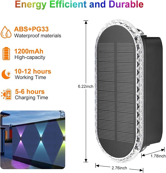 Ellasay Solar Fence Lights Backyark: 6-Pack Fence Lights Solar Powered 8 WRGB Color Modes - Up &amp Down Waterproof Solar Wall Lights for Outdoor/Yard/Poolside/Porch/Patio/Railing