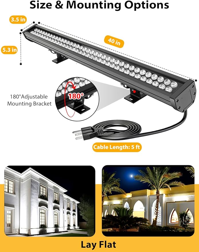 72W 7920LM Super Bright LED Wall Washer Light Bars 6000K Daylight White IP67 Waterproof Heavy Duty 120V Outdoor LED Linear Lights Bar with On/Off Switch for Landscape Building (40 Inch)