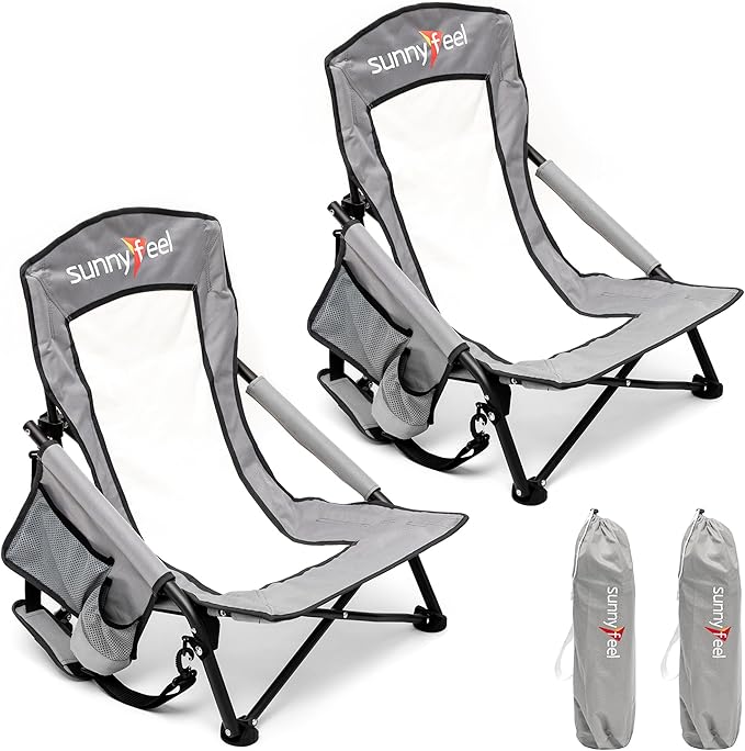 SUNNYFEEL Folding Low Camping Beach Chair 2 Pack Lightweight Portable Lawn Chair with Mesh Back Cup Holder for Outdoor/Travel/Picnic/Concert Foldable Camp Backpack Chair with Carry Bag