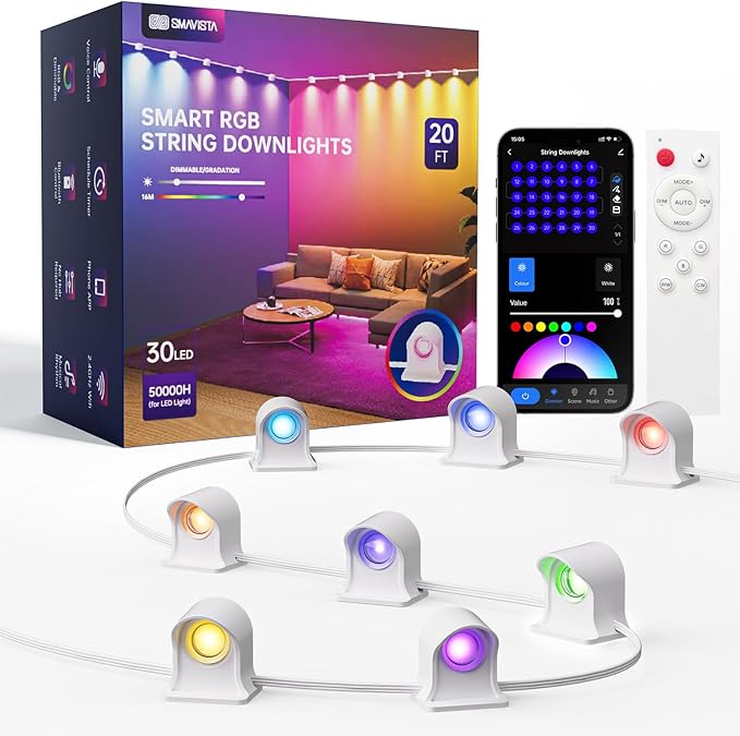 Smart RGBW+IC String Downlights 20ft with 30 LED String Lights 111 Scene Modes Music Sync Color Changing Indoor Wall Light Fixture for Party Christmas Birthday APP/Voice/Remote Control