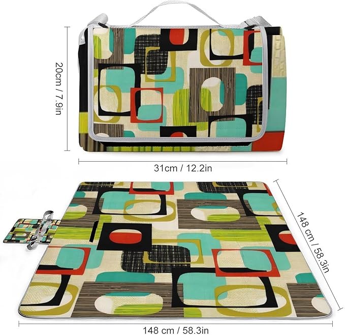Vintage Mid Century Modern Lime Atomic Pattern Waterproof Outdoor Picnic Blanket Sandproof Beach Mat for Camping Hiking Grass Travelling