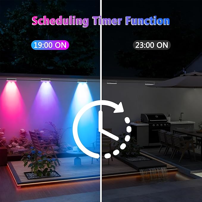 ZAIYW Outdoor Fence Lights 50ft 8 Pack Smart RGB Build in Chip Color Changing Deck Lights with Timer Remote APP Plug in LED String Lights Waterproof for Backyard Garden Patio Decor