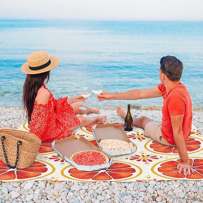 Waterproof Sandproof Beach Blanket 59''×68'' Citrus Flakes Polyester Outdoor Picnic Blanket with 4 Stakes &amp Storage Bag for BeachCampingVacation Red