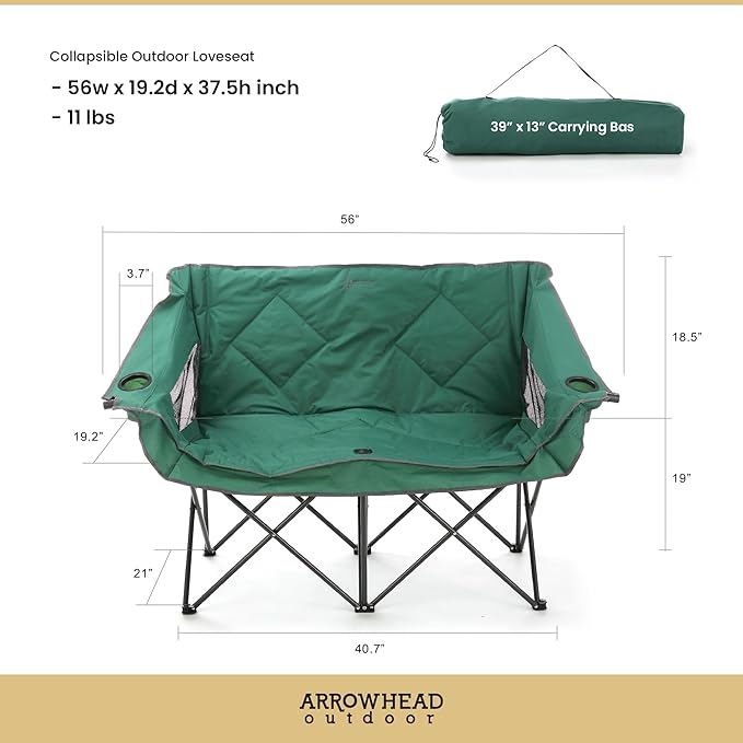 ARROWHEAD OUTDOOR Portable Folding Double Duo Camping Chair Loveseat w/ 2 Cup &amp Wine Glass Holder Carrying Bag Supports up to 500lbs