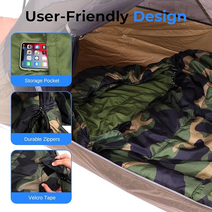SereneLife 0 Degree Mummy Sleeping Bag – Military-Style Lightweight &amp Waterproof for Extreme Cold Stays Warm in 5–10°F No-Snag Zipper Compact Carry Bag &amp Travel Pillow for Camping &amp Ba