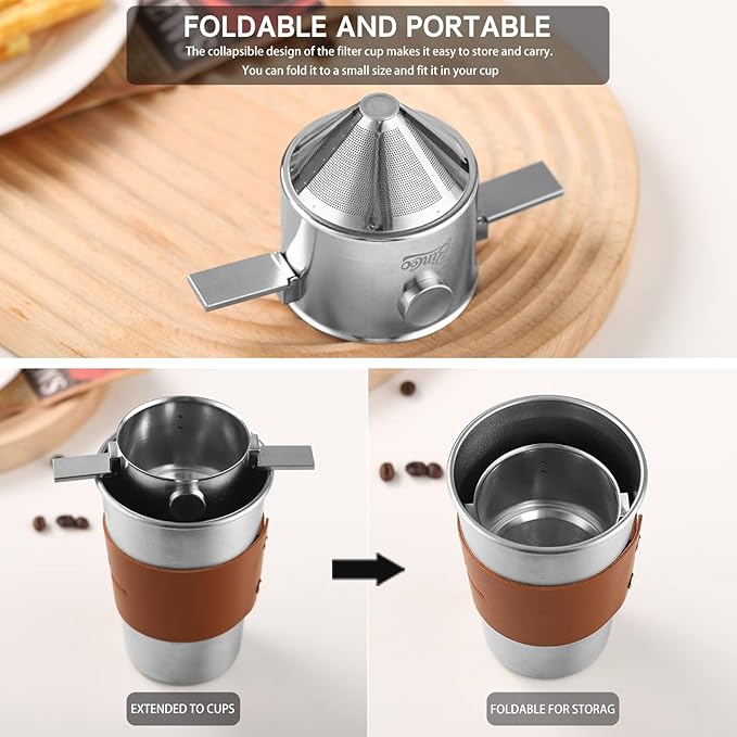 Bincoo Pour Over Coffee Dripper Portable Stainless Steel Reusable Coffee Filter Mini Collapsible Paperless Single Serve 1-2 Cup Coffee Dripper Cup Easy To Clean For Travel Camping Offices